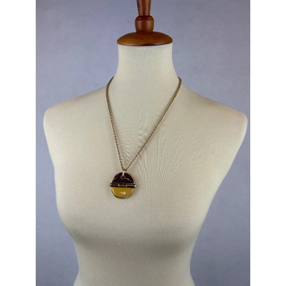 Marc Jacobs Gold Tone Pendant Necklace Enamel Circle Brown Yellow - Picture 2 of 8